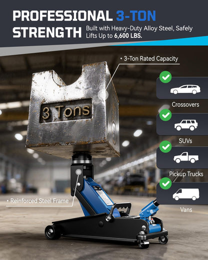 AUTOWN 3 Ton Floor Jack, Alloy Steel Hydraulic Car Jack with Quick Lift & Cross-Shape Rubber Pad, 7.1-20.9 Inch Lifting Range for SUV Truck (6600 lbs)