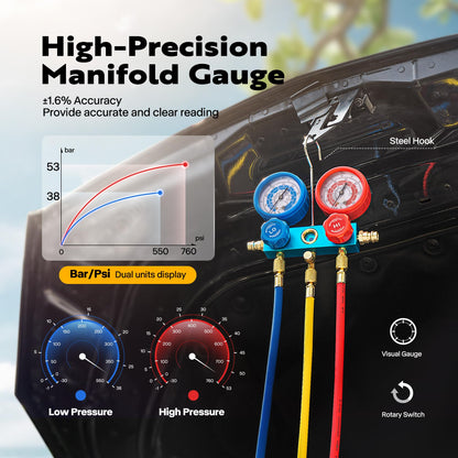 VIVOHOME 110V 1/4 HP 3.5CFM Single Stage Rotary Vane Air Vacuum Pump and AC Manifold Gauge Set Kit with Thermometer for R134a R12 R22 R502 R410a HVAC Air Conditioning Refrigeration Recharging