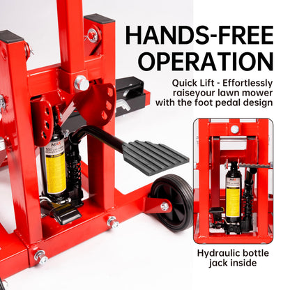 300lb Capacity, Adjustable Riding Lift Jack Heavy Duty Construction with Safety Lock, Non-Slip Wheels&Handle for Tractors, Atvs and Zero Turn Lawn Mowers