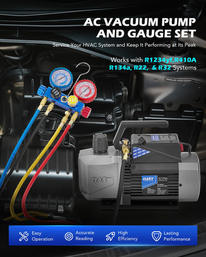 OMT AC Vacuum Pump and Gauge Set, 5 CFM 2 Stage, R1234yf R32 R134a R410A