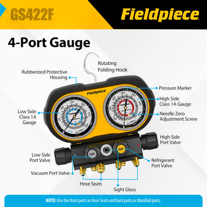 Fieldpiece GS422F 4-Port Analog Manifold Gauge Set | HVACR Refrigerant Manifold w/Sight Glass - Compatible with R22, R32, R454B, R410A - Swappable Hose Holders & High-Grip Knobs