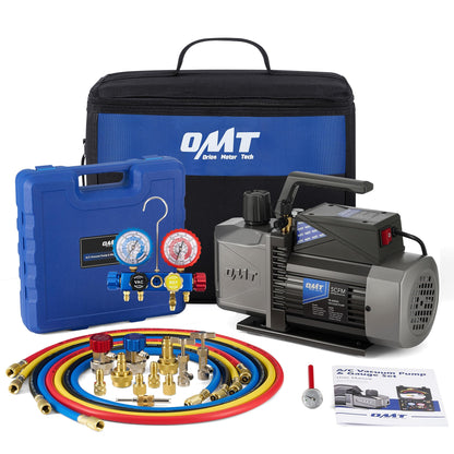 OMT AC Vacuum Pump and Gauge Set, 5 CFM 2 Stage, R1234yf R32 R134a R410A